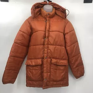 VINTAGE 80s Sears Put On Shot Full Zip Puffer Jacket Orange Hooded Teen Male 36 - Picture 1 of 6