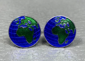 Blue and Green Enamel Globe Sterling Silver  Cuff Links - Picture 1 of 3