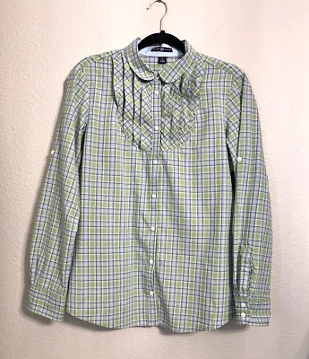 Camisa feminina Gap tamanho 14 verde xadrez aba rolo manga longa babado colarinho algodão - Imagem 1 de 4