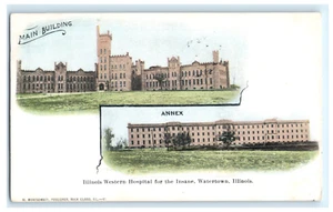 Postkarte IL Watertown Illinois Western Krankenhaus für verrückte Doppelansicht Asyl - Bild 1 von 2
