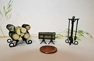 Fireplace Tools 1/24 scale dollhouse miniature with wood rack andirons and wood - Picture 1 of 8