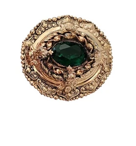 Gold Tone Vintage Victorian-Style Green Rhinestone Ornate Brooch Plated Pin, J20 - Picture 1 of 12