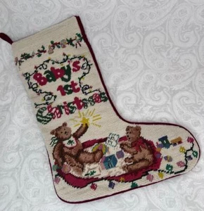 Vintage Wool Needlepoint Tapestry Holiday Stocking Baby's 1st First Christmas - Picture 1 of 7