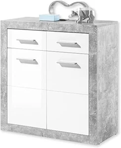 STONE Kommode Mit Schubladen in Beton Optik, Weiß Hochglanz - Moderne Kommode Mi - Bild 1 von 6