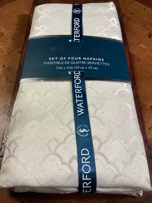 4 Waterford Ember Ivory DINNER NAPKINS Shimmery Scalloped Cloth 21” x 21” - Image 1 of 4