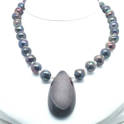 Уникальный 925 серый подвеской Drusy ожерелье с серый жемчуг и граненый кварц 16-5/8" - Изображение 1 из 4