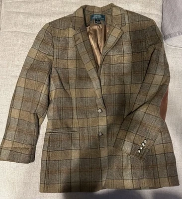 Lauren Ralph Lauren Women Equestrian Tan Plaid Wool Blazer Logo Horse Button 16  - Image 1 of 4