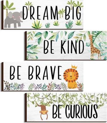 4 Pieces Woodland Nursery Decor Safari Wall Art Be Kind Brave Curious Cute Jungl - Image 1 of 4