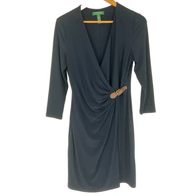 Lauren Ralph Lauren Faux Wrap Dress Sz 10 Navy Blue Buckle Career Classic Travel - Image 1 of 4