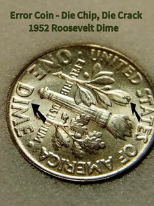 1952 Roosevelt Dime Die Chip Die Crack Error Coin Toner AU CH - Picture 1 of 24