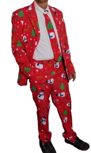 Christmas Suit Snowmen Men 42 Oppo Suits Holiday Red Jacket Pants And Tie 35X33 - Picture 1 of 11