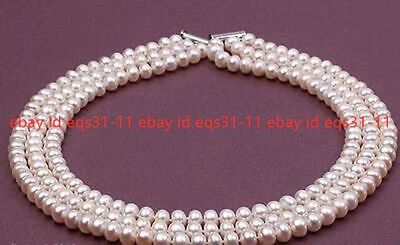 8mm 3 Rows White South Sea Shell Pearl Round Beads Necklace 18-20 Inches  - Image 1 of 4