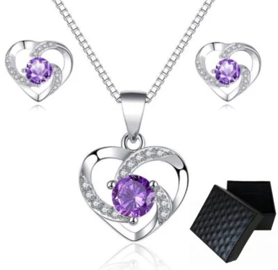 Herz Schmuckset Collier Ohrringe Zirkonia Kristall Lila 925 Sterling Silber Etui - Bild 1 von 4