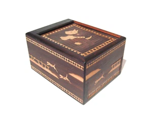 VINTAGE JAPANESE SCOTTIE DOG PUZZLE CIGARETTE OR TRINKET WOODEN BOX TAMBOUR LID - Picture 1 of 18