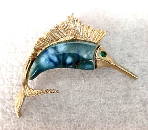 Vintage blaue Keramik & Metall Marlin Fisch Brosche Schmuck Anstecknadel 60er Jahre schönes Nachlassstück - Bild 1 von 3