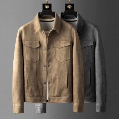 Men Faux Suede Leather Jacket Coat Button Classic Trucker Tops Casual Retro - Image 1 of 4
