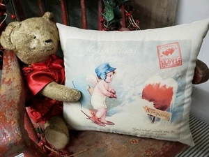 VINTAGE SHABBY PRIMITIVE VICTORIAN STYLE VALENTINE CUPIDS SNOWY HEART PILLOW - Picture 1 of 11
