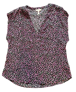 Rebecca Taylor Shirt Womens 8 Medium Black Pink AOP Flower Boho Oversized Silk - Picture 1 of 8