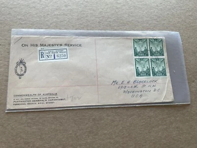 Australia 1946 OHMS Reg Cover to US + WWII Victory SG#215 BLK4 +22C Rate - Image 1 of 2