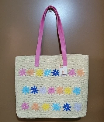 Cat & Jack Girls Beach Bag Straw Tote Multicolor Woven Flowers Pink Handle NEW - Image 1 of 4