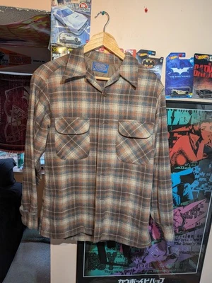 Vintage 60s Brown Plaid Pendleton Wool Long Sleeve Size Medium Made In USA - Image 1 of 4