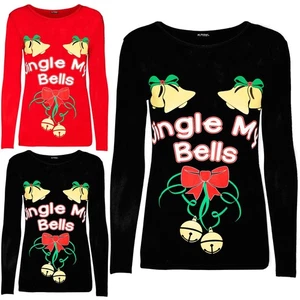 Women Ladies Round Neck Christmas Long Sleeve Jingle My Bells Tie Ribbon T Shirt - Picture 1 of 5