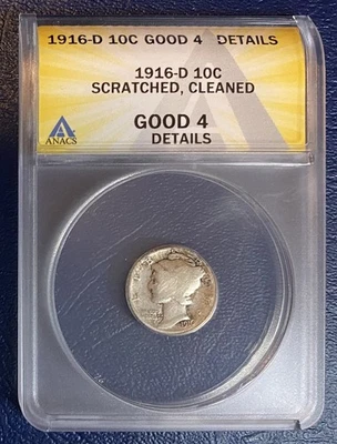 100% to Charity - 1916 D Mercury Dime 10C 90% Silver ANACS G 04 GOOD 4 DETAILS - Image 1 of 4