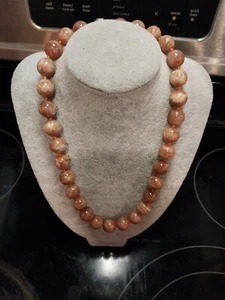 Peach Moonstone(13.5MM BEADS)Knotted Necklace Magnetic Clos/Rhod/Sterling 20 In. - Picture 1 of 9