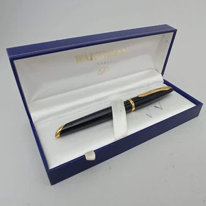 WATERMAN CARENE ROLLERBALL PEN GLOSSY BLACK & GOLD TRIM BOXED EXCELLENT - Picture 1 of 8