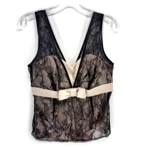 REVIEW 12 Black Lace Sleeveless Top V Neck Pink Ribbon Bow Sweetheart Lining - Picture 1 of 13