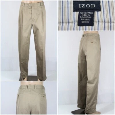 Pantalones chinos rectos IZOD para hombre 38 x 32 caqui plisados delanteros 100 % algodón usados en excelente estado Foto 1 de 4