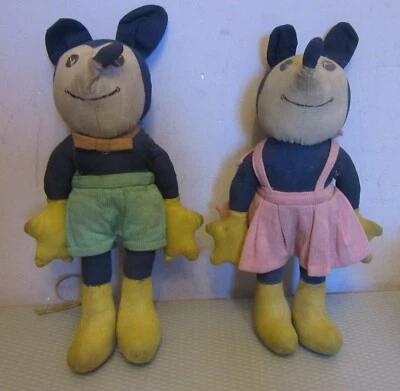 Raro Vintage Mickey Minnie Mouse Bonecas de Pano Início Disney Arte Folclórica Par 10" - Imagem 1 de 4