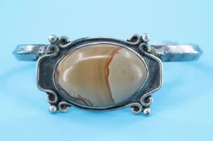 Vtg Womens Native American Picture Jasper Silver Cuff Bracelet / 24 grams Indian - Picture 1 of 11