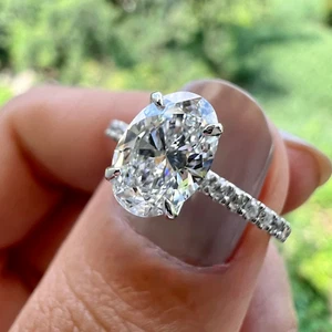 2 Ct Oval Cut Simulated Pave Diamond Engagement Ring In 14K White Gold Plated - Picture 1 of 9
