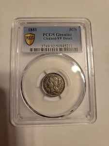 1881 THREE CENT NICKEL PCGS VF DETAILS - GENUINE-cleaned? - 3C - Picture 1 of 2