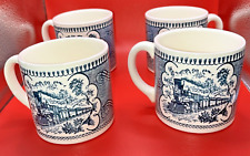 Vintage 4 Coffee Chocolate Mugs Royal China Currier & Ives Blue White Train