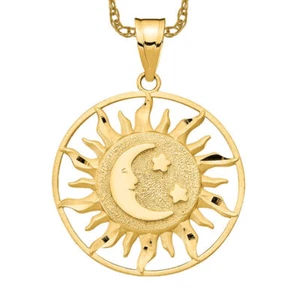 14K Solid Yellow Gold Sun Moon Stars Necklace - Picture 1 of 12