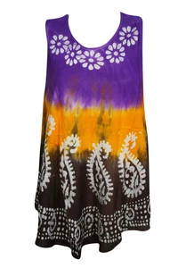 Boho Tie Dye Flowy Tank Dress Loose Sleeveless Beach Cover Up Gypsy Tunic TOP L