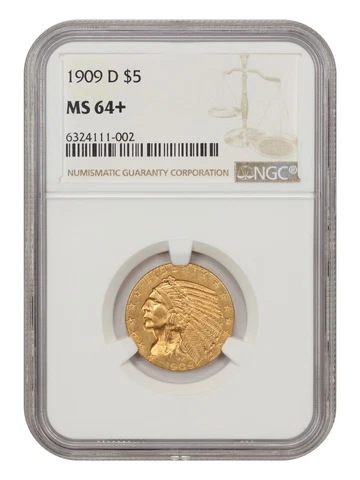 1909 D $5 Indian Head Gold Half Eagle NGC MS 64+ Cover