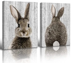Bunny Decor Easter Canvas Wall Art Brown Lovely Rabbit Pictures Prints Baby K... - Picture 1 of 6