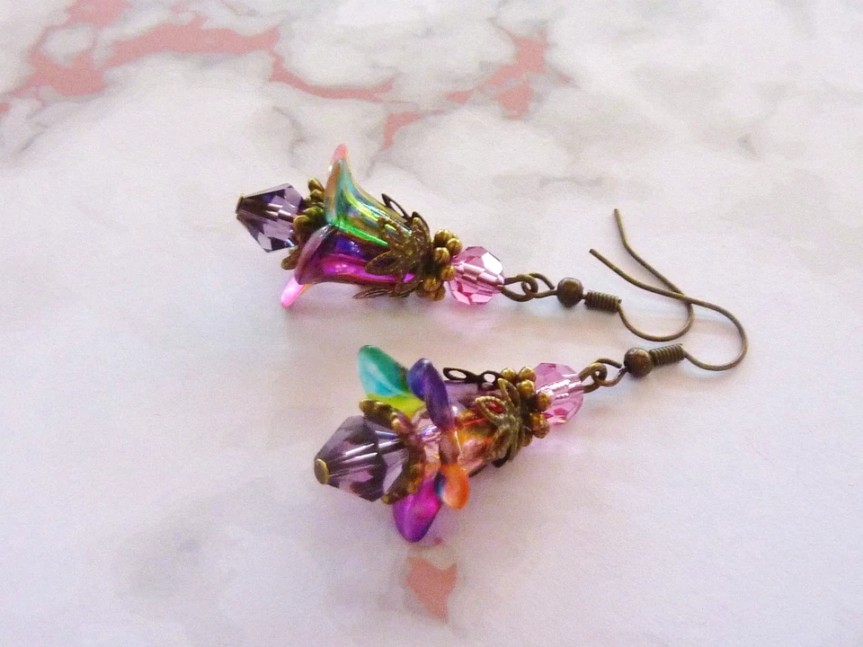 Bell Flower Earrings Hand Painted / Swarovski Crystal Beads SB10 - image 1 of 4