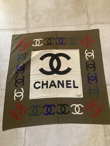 CHANEL SILK SCARF SQUARE SCARF UNSURE WHETHER ITS VINTAGE? KHAKI GREEN BORDER VG - Picture 1 of 6
