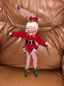 Vtg Christmas Elf 22” Poseable Shelf Sitter Jingle Bells Blue Eyes Stripes - Picture 1 of 7