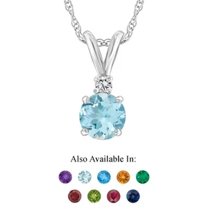 14K White Gold 5mm Round Natural Aquamarine Diamond Accent Pendant Necklace - Picture 1 of 4