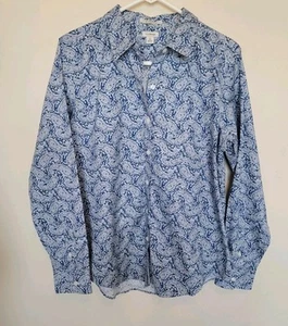 Camisa LL Bean para mujer azul estampado cachemir sin arrugas abotonada talla mediana - Imagen 1 de 9