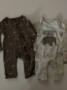 Carters Baby Boys 2 Coveralls Size Newborn Hippo Elephant Heather Grey Brown - Picture 1 of 1