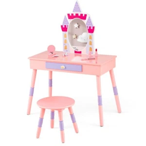Kids Makeup Table Set Children Girls Vanity Table & Stool Set w/ Drawer & Mirror - Picture 1 of 11