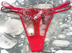 NEW Victoria Secret Very Sexy Floral Embroidered Mesh Thong -  Lipstick Red - XL - Picture 1 of 5