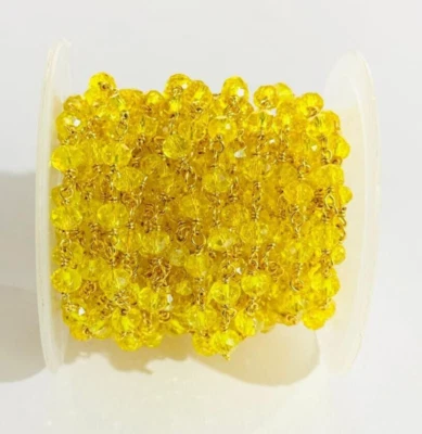 Handmade beaded 6mm yellow faceted glass beads rosary gold plated jewelry chain - Image 1 of 4