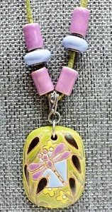 A11) Golem Dragonfly Clay Handpainted Pendant on Suede Cord - Lavender & Olive - Picture 1 of 3